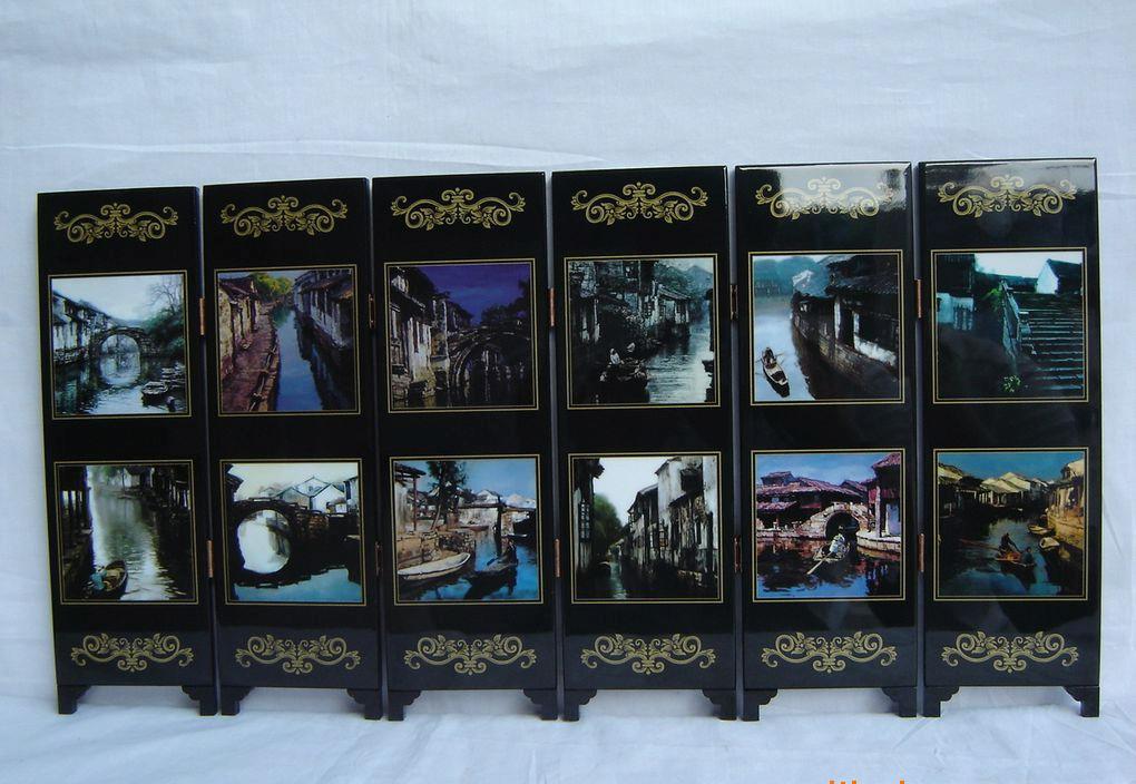 廠家批量漆器小屏風:水鄉圖、中國特色工藝品、家居裝飾品